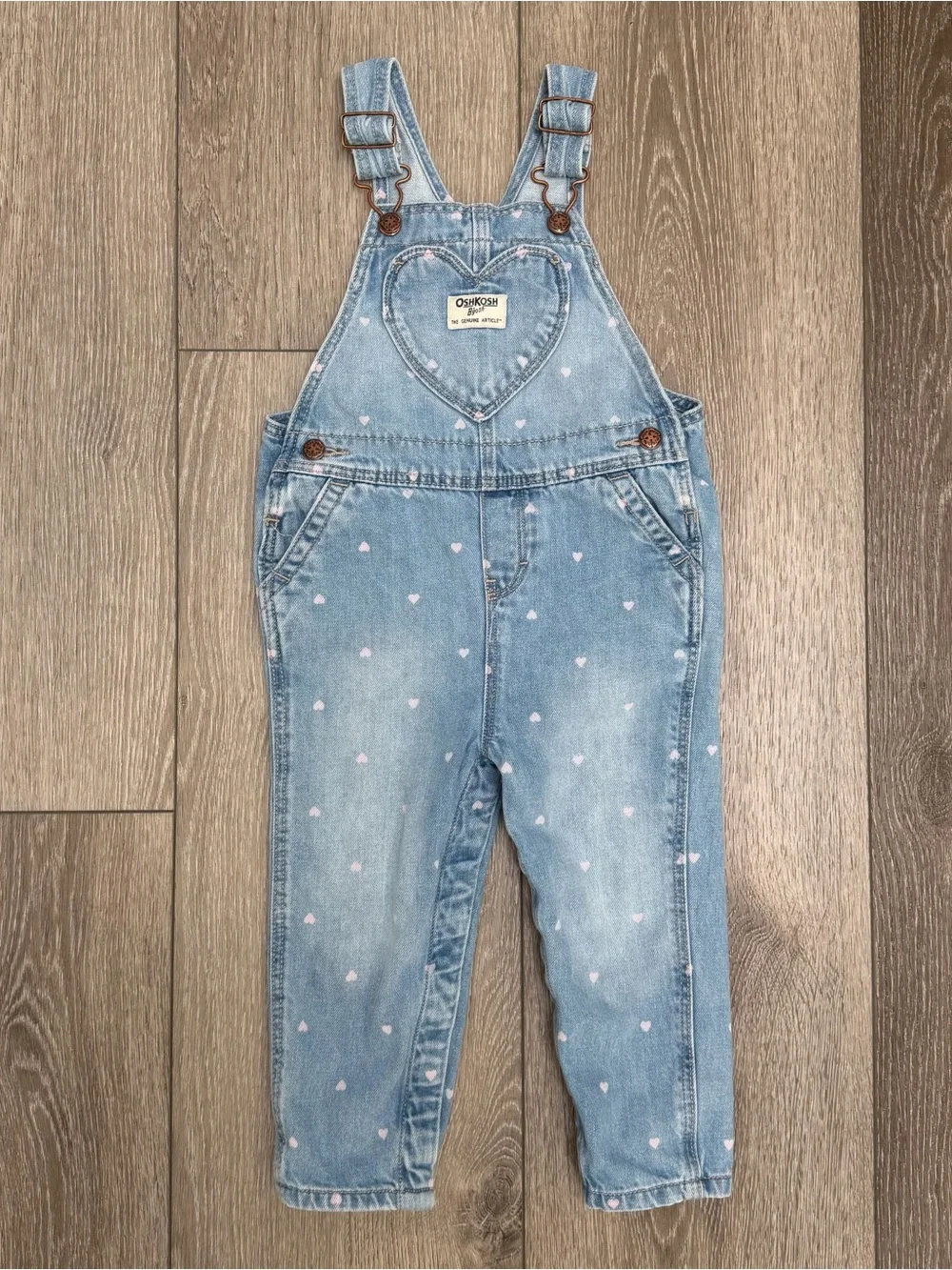 OSHKOSH DENIM PANTS OVERALLS PINK HEARTS POCKETS BLUE 24MO